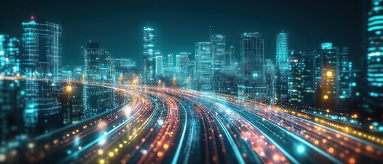 Poster - Nighttime cityscape with vibrant light trails and skyline