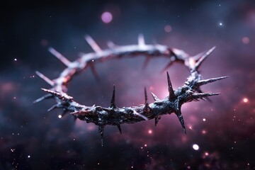Poster - A crown of thorns spins gently in the vastness of deep space, enveloped by shimmering stars and radiant cosmic light. The sight evokes deep religious symbolism and mystique