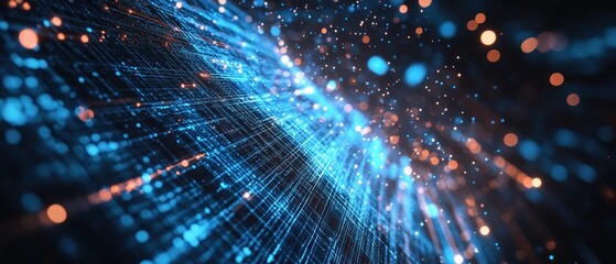 Poster - Abstract representation of digital data streams with glowing particles flowing through a dark background, symbolizing technology