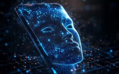 Poster - Sleek smartphone displaying a digital face made of blue dots, symbolizing advanced artificial intelligence, modern tech design, ultradetailed, futuristic look