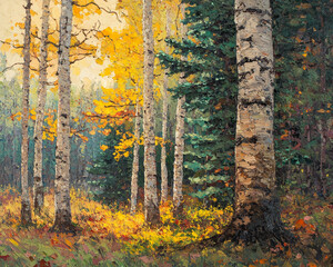 Poster - Impasto autumn forest painting, showcasing birch and evergreen trees with yellow foliage, depicting a serene autumnal woodland scene, ideal for nature or seasonal themes