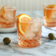 Poster - Refreshing aperol spritz with orange slice and green olives on marble table