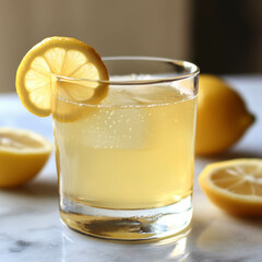 Poster - Refreshing glass of limoncello with lemon slices on marble surface