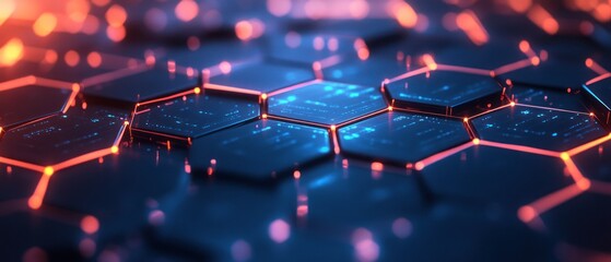 Poster - abstract close-up of illuminated hexagonal patterns with glowing lines, creating a futuristic techno