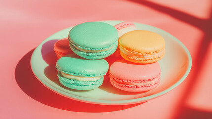 Poster - Colorful macarons on plate in studio lighting for dessert presentation and design