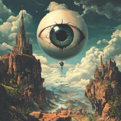 Wall Mural - Surreal fantasy landscape with floating giant eye and castles in the sky