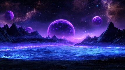 Poster - Highly detailed cosmic landscape featuring a surreal purple and blue planet set against a starry night sky