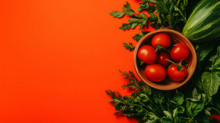 Poster - fresh ajapsandali ingredients with tomatoes, zucchini, and herbs on vibrant background for culinary 