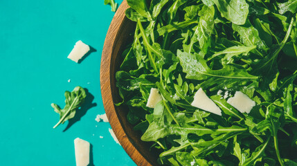 Poster - Fresh arugula salad with parmesan cheese on vibrant background