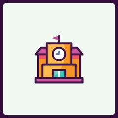 Poster - Charming School Building Vector Icon with Clock Tower and Playful Colors