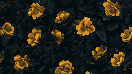 Poster - Elegant dark floral pattern with golden accents for artistic design and decor