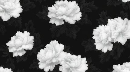Poster - Dramatic elegant floral pattern with white peonies on black background for design projects