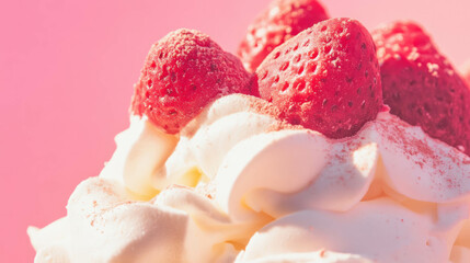 Poster - Delicious eton mess with fresh strawberries and meringue on a bright pink background