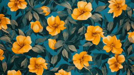 Poster - Elegant floral pattern on fabric with vibrant yellow blooms for fashion design and home decor