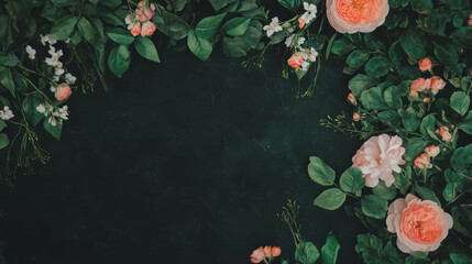 Poster - Floral flat lay overlay texture with green leaves and pink roses on black background