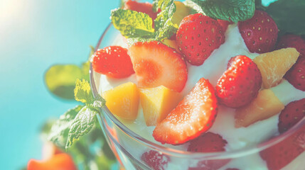 Poster - Fresh fruit salad with yogurt and mint leaves against bright background for healthy eating concept