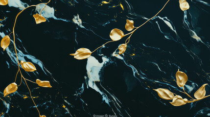 Poster - Glossy elegant pattern with golden leaves on dark abstract background for artistic design