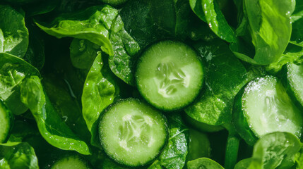 Poster - Fresh green salad with sliced cucumbers on vibrant background for healthy living concept