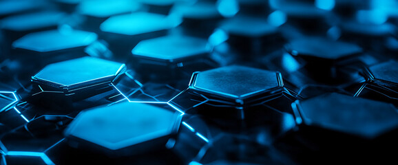 Leinwandbilder - Close-up of dark blue hexagonal structures, illuminated with bright blue light, creating a technological and futuristic appearance, symbolizing innovation, connection, and modern design