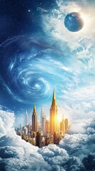 Poster - A celestial city in the sky surrounded by swirling cosmic clouds and golden light creating an enchanting atmosphere