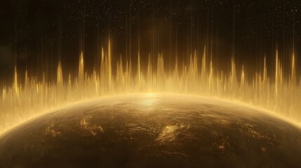 Poster - Stunning celestial skyline featuring a massive ringed planet with a line of light emitting from its surface in space