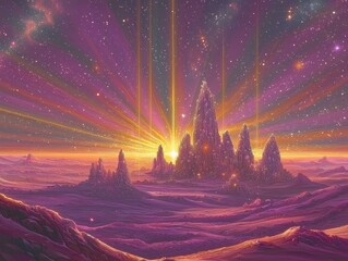 Poster - Magical celestial skyline with a castle surrounded by crystalline structures against a purple and orange sky at dusk