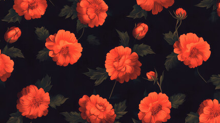 Poster - Elegant floral pattern with vibrant red flowers on dark background for textile design