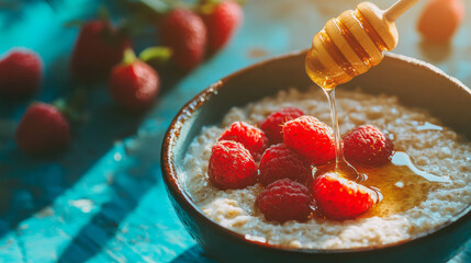 Poster - Delicious porridge with honey and fresh raspberries on vibrant background for breakfast inspiration