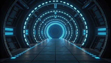 Hightech coding background with digital technology. Futuristic tunnel with glowing blue lights and sleek design.
