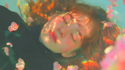 Aufkleber - Dreamy portrait of a woman with petals and sunlight reflections