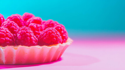 Poster - Raspberry tart against a bright blue and pink background for creative dessert designs