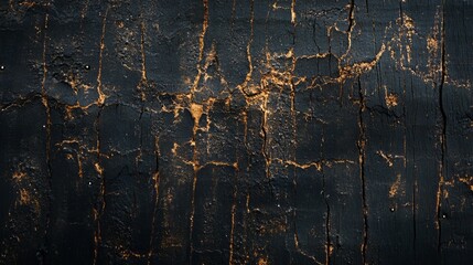 Aufkleber - A textured black wall shows deep cracks and gold flecks, reflecting the passage of time in an abandoned structure. Nature reclaims space, merging beauty with decay