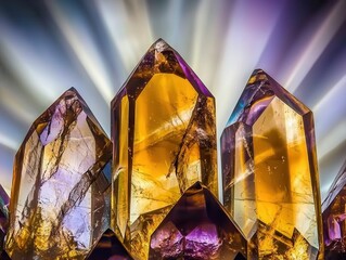 Poster - Group of crystalline towers reflecting amber and violet hues creating a stunning display of natural beauty