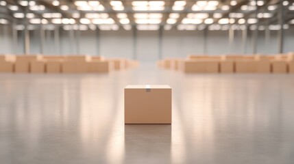 Poster - A single cardboard box is centered in a spacious warehouse, surrounded by additional boxes, with bright lights illuminating the clean, reflective floor.