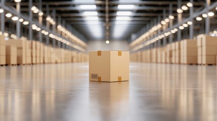 Poster - A solitary cardboard box stands in a spacious warehouse, surrounded by neatly arranged boxes, highlighting themes of storage and logistics.