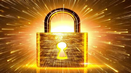 Poster - Glowing Golden Padlock Radiates with Bright Light Beams, Symbolizing Security and Protection with Vibrant Energy and Dynamic Sparks for Strength and Safety in Digital Security