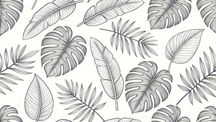 elegant seamless pattern tropical leaves botanical illustration design art line palm fern black whit