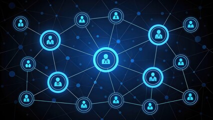 Hightech coding background with digital technology. Digital network connecting people with glowing blue nodes and lines on a dark background.