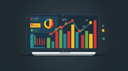 Poster - Laptop screen displays various colorful charts and graphs illustrating data growth and progress