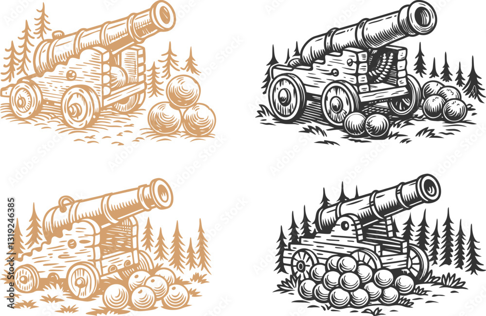 set of Old pirate ship cannon and cannonballs black vector, engraving ...