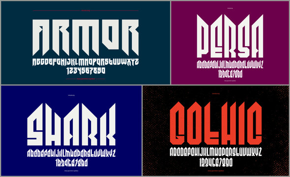 Gothic fonts vector set, vintage sharp cornered geometric typeface collection, strong and heavy alphabet typeset designs, easy to use for logo creation or titles.