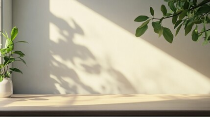 Poster - Sunrise fills the room with warm light that dances across the walls, leaving intricate shadows. Lush greenery from potted plants adds life to the tranquil atmosphere, inviting calm