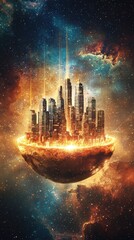 Poster - Spectacular floating metropolis in the sky with shimmering towers against a deep space background of stars and nebulae