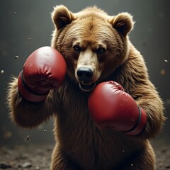 a grizzly bear in boxing gloves mid-swing in a dramatic heavy weight