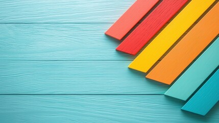 Poster - A vibrant arrangement of colorful wooden planks on a turquoise background, creating an eye-catching and playful visual effect.
