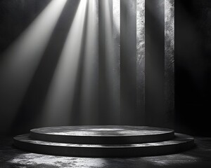 Wall Mural - sleek black podium with reflective surfaces in dramatic studio lighting