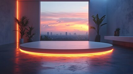Poster - Minimalist Glowing Podium in Softly Lit Futuristic Room for Product Display Concept