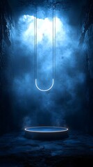 Poster - Glowing Geometric Podium Floating in Futuristic Sci Fi Inspired Environment with Empty Copy Space