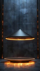 Poster - Geometric Glowing Podium Suspended in Sci Fi Inspired Environment for Product Display Concept