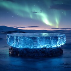 Poster - Captivating Ice Podium Against Glowing Northern Lights in Serene Arctic Landscape for Product Display Concept with Copy Space
